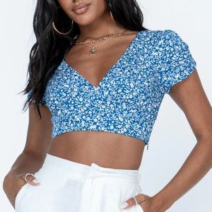 Princess Polly NWT The Sting Cropped Floral Open Back Tie Top in Blue & White 4